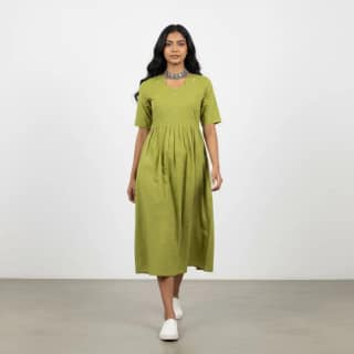 Parrot Green Mangalagiri South Cotton Kurti with Gold Buttas