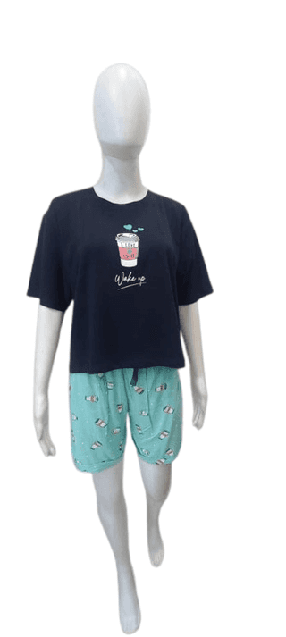 Women's Cotton Night Suit – Navy Blue Crop Top & Mint Green Printed Shorts