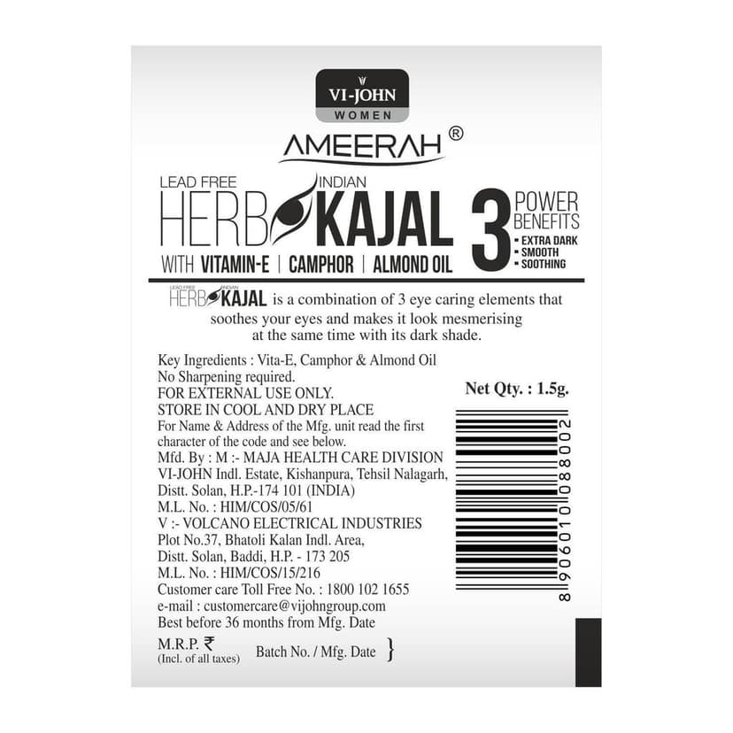 VI-JOHN WOMEN AMEERAH HERBO KAJAL WITH VITAMIN-E, CAMPHOR, ALMOND OIL 1.5GM (PACK OF 12) view 2