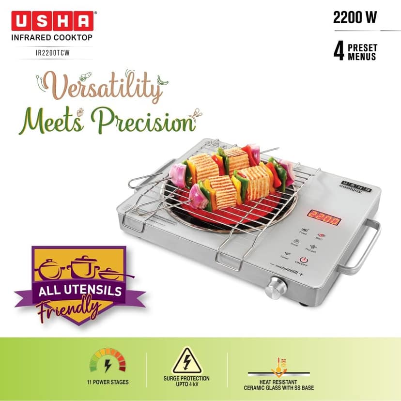 USHA IR2200TCW 2200W Infrared Induction Cooktop with Grill (White) view 2