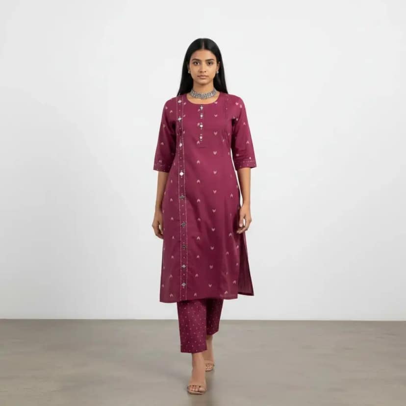 Handloom Cotton Co-Ord Set in Plum with Scattered Buti Motifs