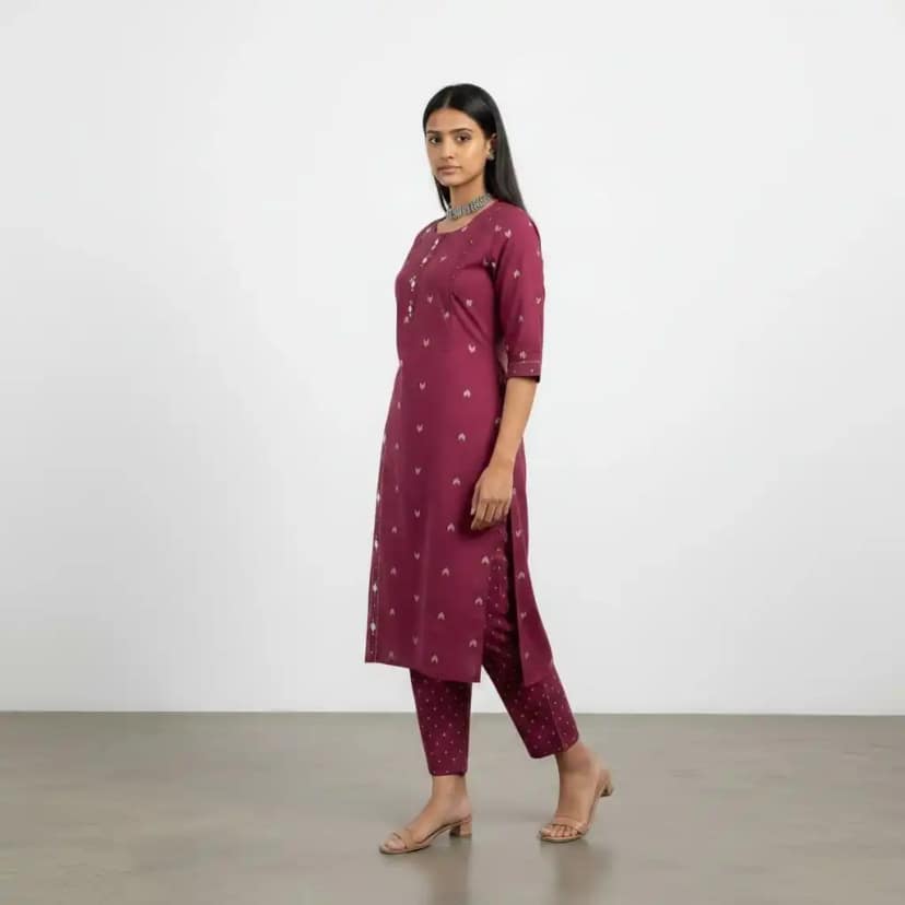 Handloom Cotton Co-Ord Set in Plum with Scattered Buti Motifs view 2
