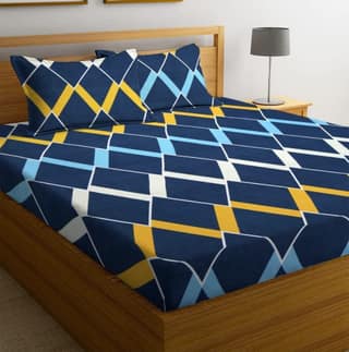 Navy Blue Geometric Print Cotton Bedsheet with 2 Pillow Covers