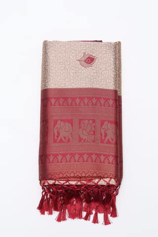 Maroon Golden Silk Blend Woven Saree with Elephant Motifs & Tassels