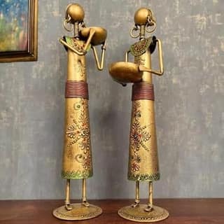 RUPESH KUMAR JANGID Metal Wrought Iron showpieces of Tribal Lady/Ladies Doll Figurine Statue in Golden Decorative Items | Show Pieces for Home Decor Stylish Living Room Tea Light Stand (Set of 2) (Design 2)