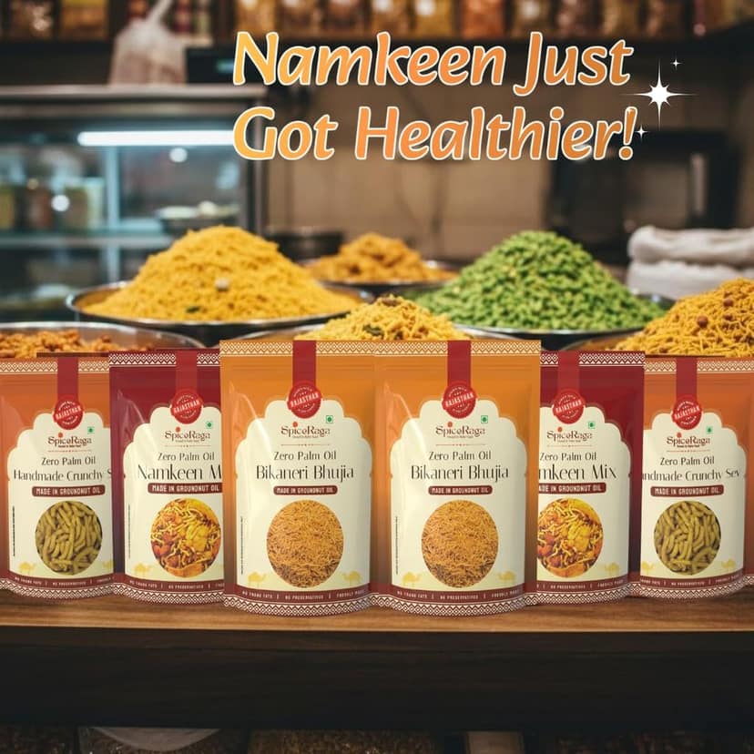 SpiceRaga Marwari Combo, 2 Bikaneri Bhujia, 2 Crunchy Sev, 2 Namkeen Mix | Pack of 6 | Made with Pure Groundnut Oil | No Palm Oil | No Trans Fat | Indian Snacks Combo | Total 960g view 2