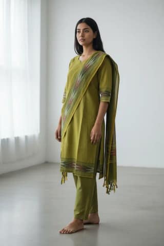 Mangalagiri Cotton 3-Piece Kurta Set in Mehendi Green