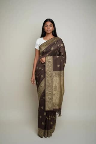 Bomkai Sonepuri Dark Brown Cotton Saree Tribal Village Pallu