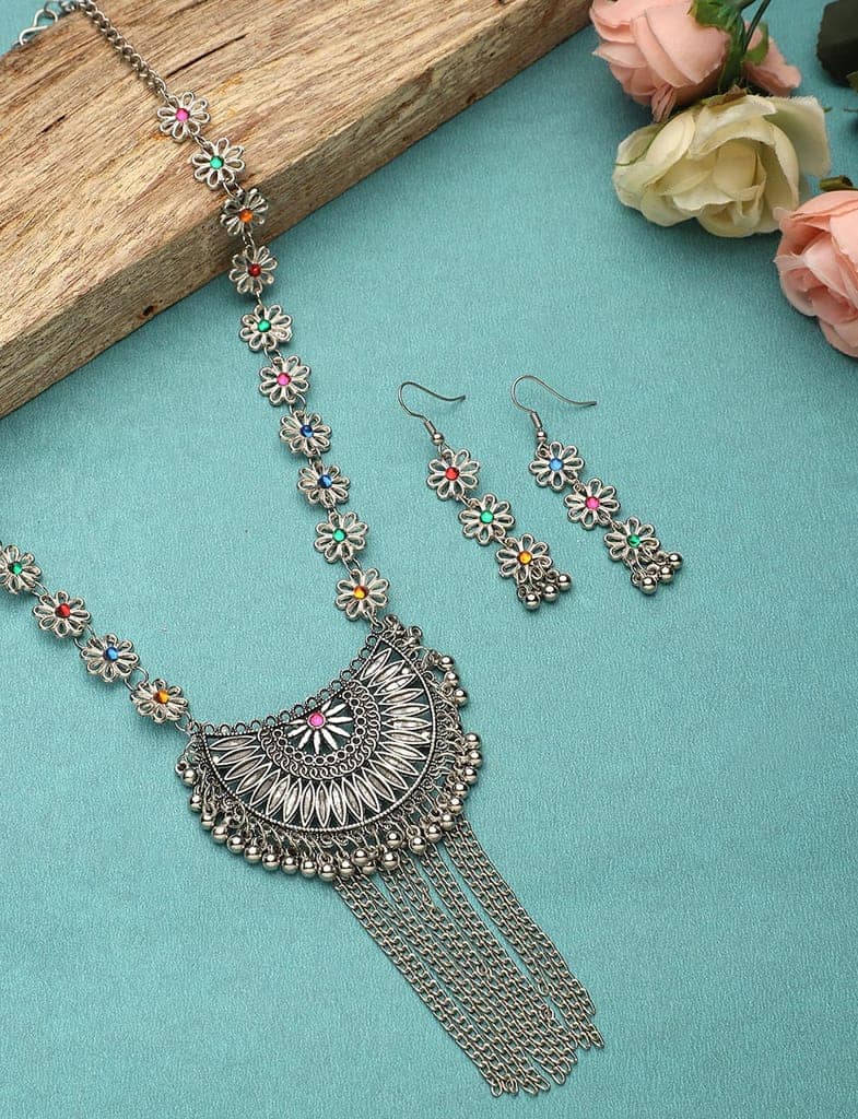 Cardinal Oxidized Silver Color Long Multicolor Stone Necklace Set view 2