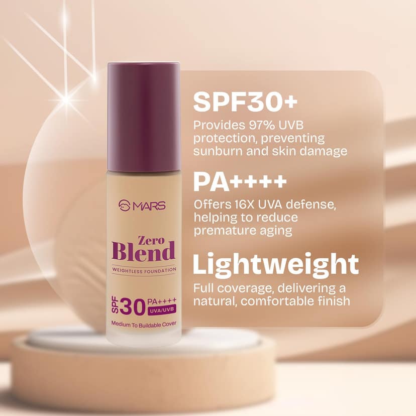 MARS SPF30 PA++++Zero Blend Weightless Foundation for Makeup (30ml) (03-CASHEW DELIGHT) | Long-Lasting | Matte Finish | Buildable Coverage | Sweat-Proof MARS SPF30 PA++++Zero Blend Weightless Foundation for Makeup (30ml) (03-CASHEW DELIGHT) | Long-Lastin view 2