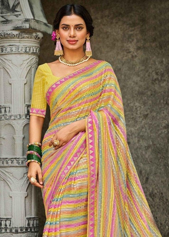 Multicolor Color Foil Print Georgette Satin Patta Saree With Fancy Border And Fancy Blouse Piece view 2