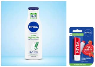 NIVEA Body Lotion, Aloe Hydration, with Aloe Vera for Instant Hydration in Summer, for Men & Women, 200 ml & NIVEA Lip Balm, Fruity Strawberry Shine, 4.8g NIVEA Body Lotion, Aloe Hydration, with Aloe Vera for Instant Hydration in Summer, for Men & Women,