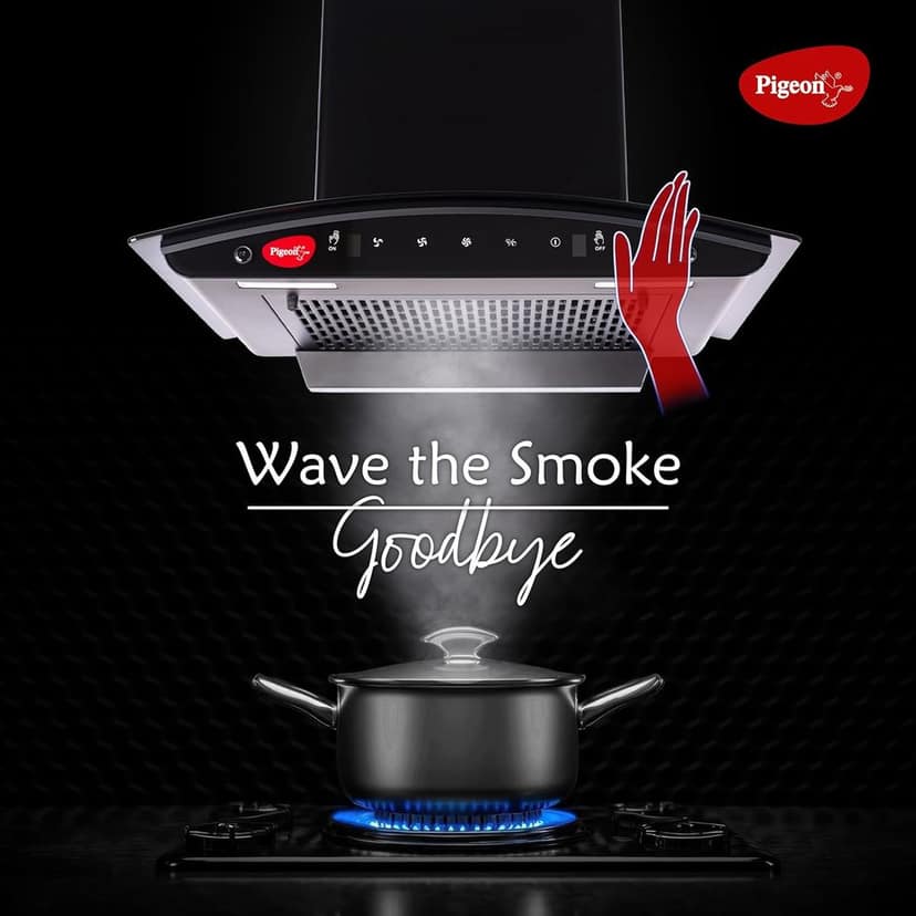 Pigeon Black Diamond 60 cm Curved Kitchen Chimney 1500 m3/hr suction |Touch & Gesture Control | Filterless Tech + Heat Auto Clean | 7 years warranty on motor| (Black) view 2