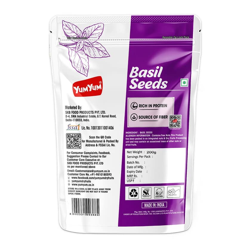 YUM YUM Raw Basil Seeds for Weight Loss Sabja/Tukmaria Seeds Rich India Protein & Fiber - 200g view 2