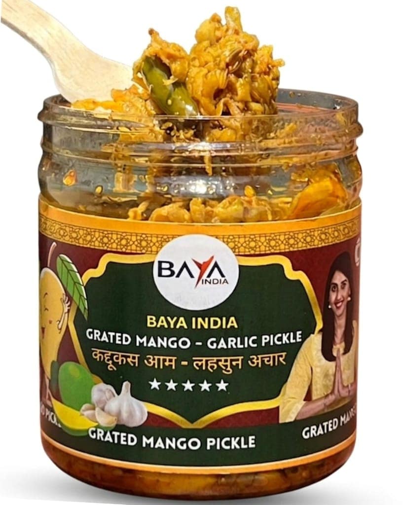 Baya India Grated Mango Pickle with Garlic & Green Chilli | Homemade Style Aam ka Lachcha Achar | Made in Mustard Oil | Spicy & Tangy | No Preservatives & No Chemical