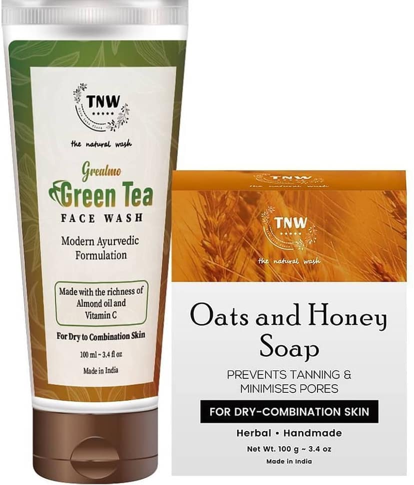 TNW The Natural Wash Green Tea Face Wash 100 ml & Oats Honey Handmade Soap 100 gm | Brightening Cleansing & Moisturising Pack of 2