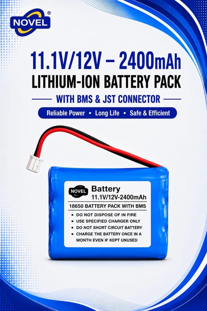 NOVEL 11.1V - 12V 18650 BMS LITHIUM ION BATTERY PACK WITH JST PIN- 2400mAh
