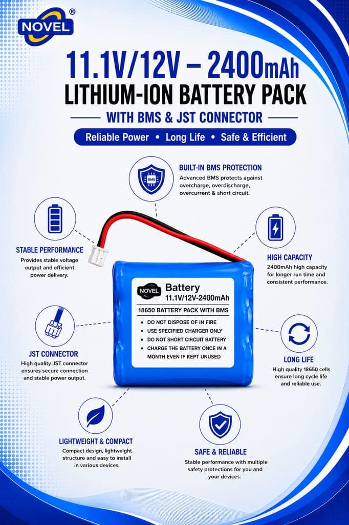 NOVEL 11.1V - 12V 18650 BMS LITHIUM ION BATTERY PACK WITH JST PIN- 2400mAh view 2