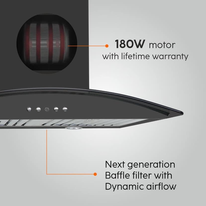 Electric Kitchen Chimney, Curved Glass SS Baffle filters 60cm 1100 m³/h - Black (6071 IN BLK) view 2