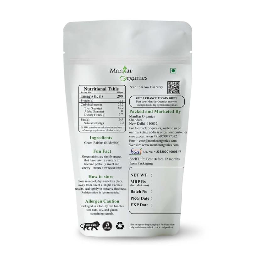 ManHar Organics Green Raisins (Kishmish) 200g | Naturally Sweet & Juicy | Rich in Iron, Antioxidants & Fiber | Healthy Snack & Cooking Ingredient view 2