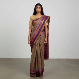Handwoven Kanchipuram Cotton Saree in Light Khaki with Zari Border