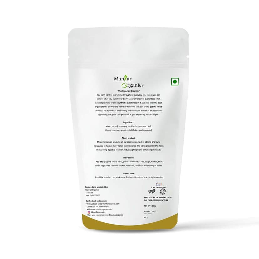 ManHar Organics Dried Mixed Herbs Seasoning: 150gm (Mix of oregano, basil, thyme, rosemary, parsley, chilli flakes, garlic powder) (Mixed herbs, 150gm) view 2