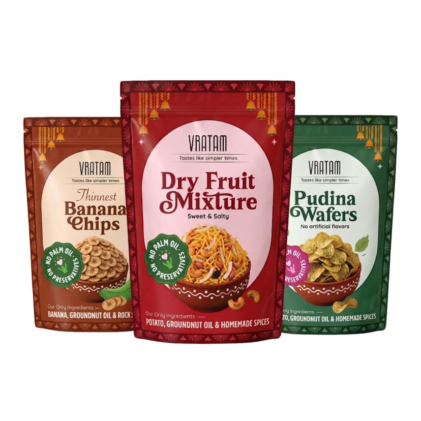 Vrat Combo Pack of 3- Dry Fruit Mixture (150g) + Banana Chips (120g) + Pudina Wafers (60g) view 2