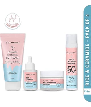 Glamveda Korean Glass Skin Rice & Ceramide Morning 4 Step Skincare Routine For Women with Gift Box | Face Wash, Serum, Moisturizer & Sunscreen