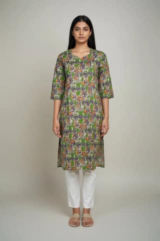 Block Print Cotton Kurti Green Purple Orange