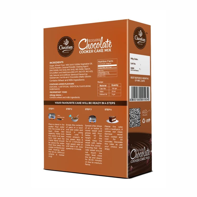 Chocolian Bakers Eggless Chocolate Cooker Cake Mix Powder | Instant Cake Mix Powder | 4 Step Cake Mix | Mix, Pour, Bake & Serve | Moist Chocolate Cake | view 2