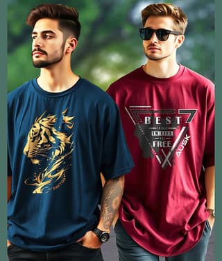 ENITOR Men Cotton Blend Oversized Fit Printed T-Shirt ( Teal Blue )