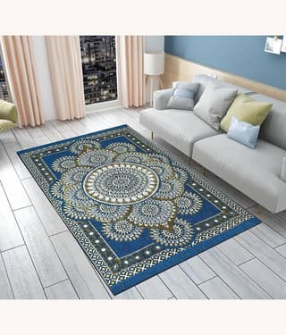 FURNISHING HUT Blue Cotton Carpet Abstract 5x7 Ft