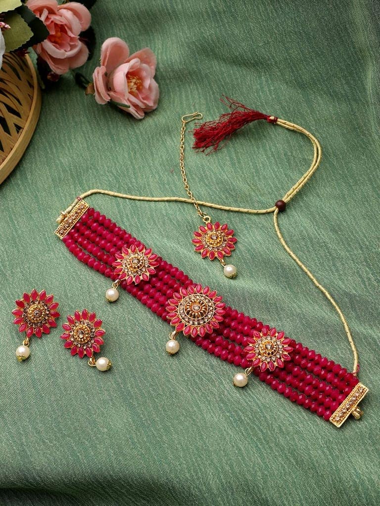 Cardinal Maroon Color Gold Plated Multistring Onyx Brass Necklace Set & Maang Tika view 2