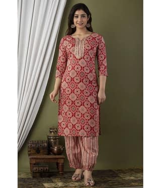 Glorious Rayon Printed Kurti With Pants Women's Stitched Salwar Suit - Red ( Pack of 1 )