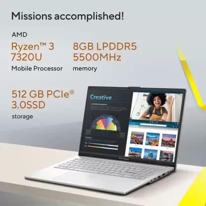 ASUS Vivobook Go 15 (2023), AMD Ryzen 3 7320U, 15.6-inch (39.62 cm) FHD, Thin & Light Laptop (8GB/512GB SSD/Windows 11/Office 2021/Alexa Built-in/Cool Silver/1.63 kg), E1504FA-NJ321WS ASUS Vivobook Go 15 (2023), AMD Ryzen 3 7320U, 15.6-inch (39.62 cm) FH view 2