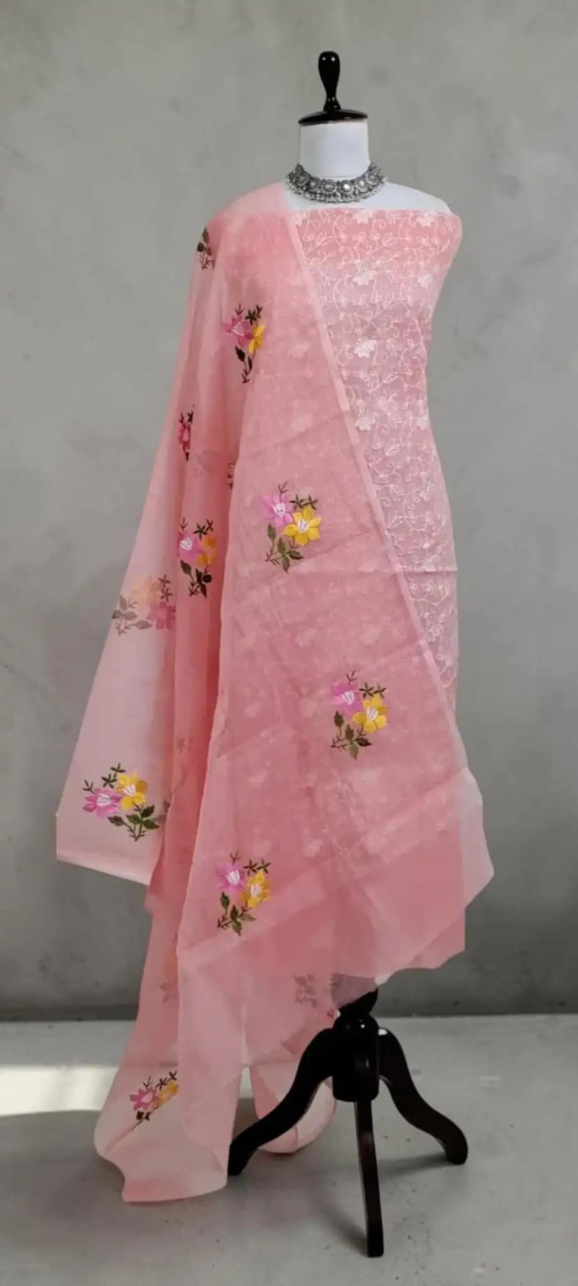 Handwoven Kota Doria Dress Material in Peach with Floral Embroidery