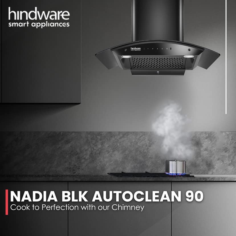 Hindware Smart Appliances, Nadia IN 90 cm Chimney, 1500 CMH, Curved Glass, Filterless, Auto Clean, Touch Control, Motion Sensor, 10 Yrs Warranty on Motor & 2 Yrs on Product - Black view 2