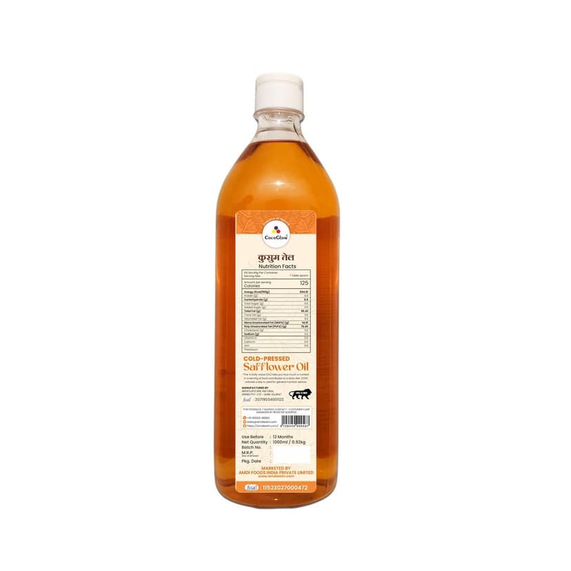 CocoGlow Cold Pressed Safflower Oil Wood Pressed Kacchi Ghani 100% Pure Natural 1L view 2