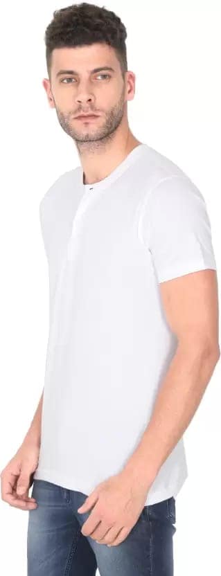 Men Solid Henley Neck Pure Cotton White T-Shirt view 2