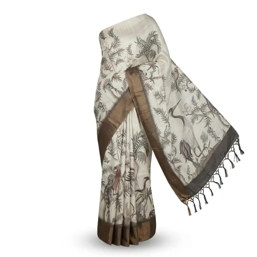 Sambalpuri Ivory Crane Motif Ikat Handloom Saree