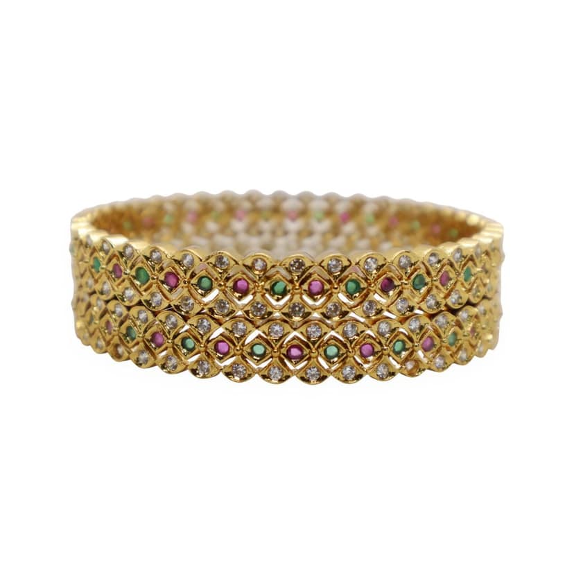 Gold Plated Designer Bangle with CZ, Pink & Green Stones – Traditional Wedding Jewelry