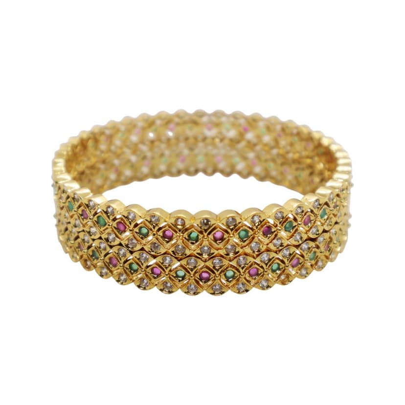 Gold Plated Designer Bangle with CZ, Pink & Green Stones – Traditional Wedding Jewelry view 2