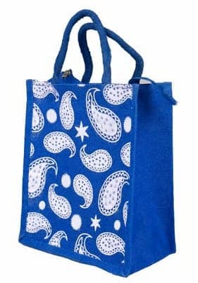 Blue Paisley Jute Bag - Eco-Friendly Reusable Multipurpose Gift & Lunch Tote view 2
