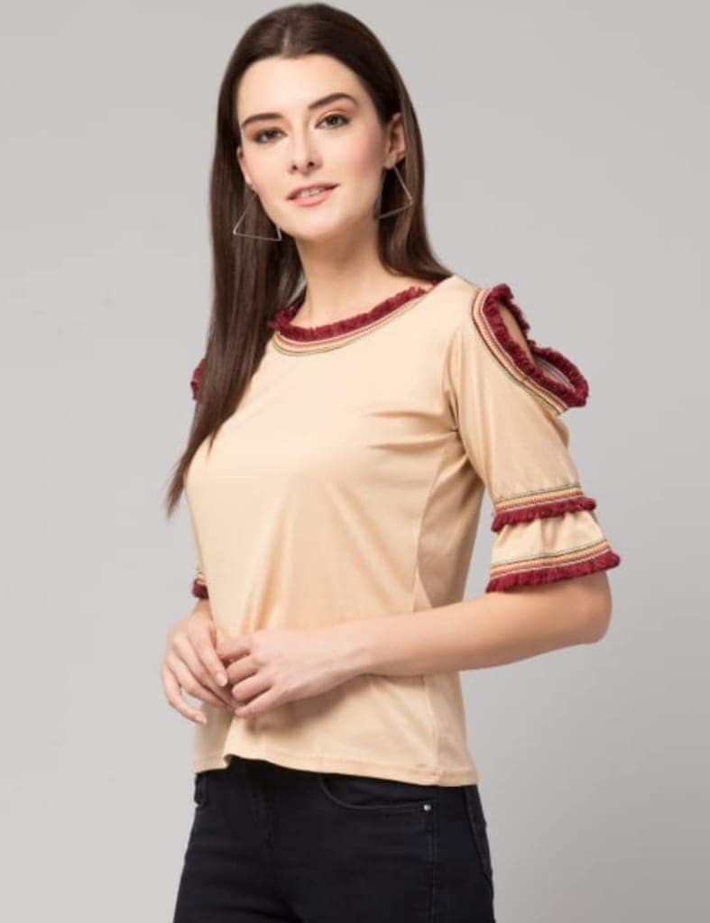 ATTIRIS Women's Rayon Solid Cold Shoulder Round Neck Regular Waist Length Top view 2