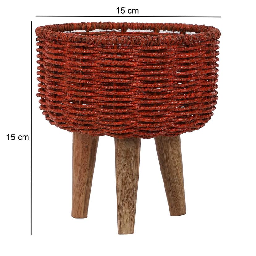 Jute & Metal Red Planter Set with Wooden Legs Set of 3 view 2