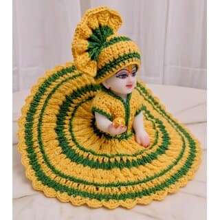Handmade Crochet Laddu Gopal Dress with Pagdi | Yellow Green Woolen Kanha Ji Poshak view 2