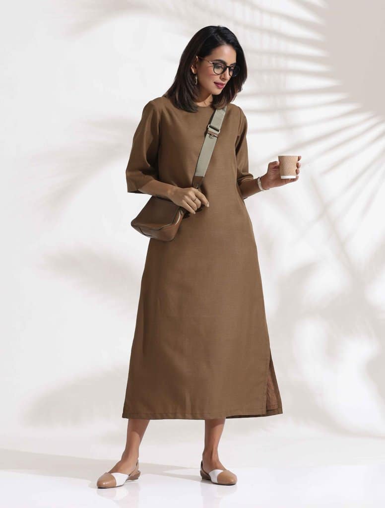 trueBrowns Brown Slub Dress - Brown (2XL)