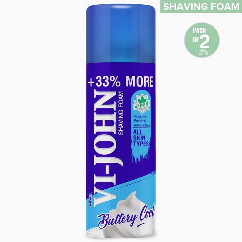 VI-JOHN Shaving Foam For All Skin Types With Tea Tree Oil, Menthol, Vitamin E & Anti Bacterial Formula (Pack Of 2 - 800 G)