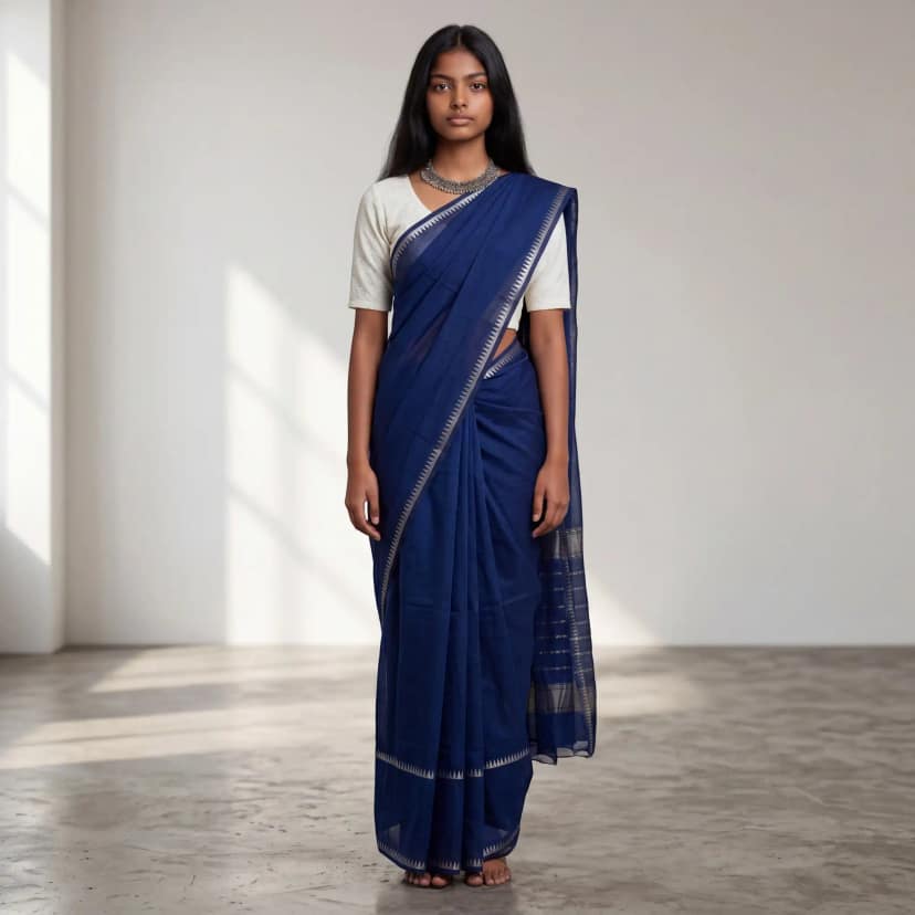 Mangalgiri Navy Blue Silk Cotton Saree Antique Zari Checks