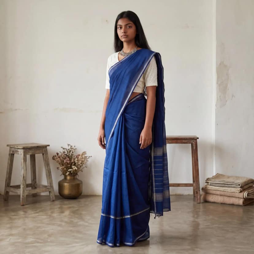Mangalgiri Navy Blue Silk Cotton Saree Antique Zari Checks view 2